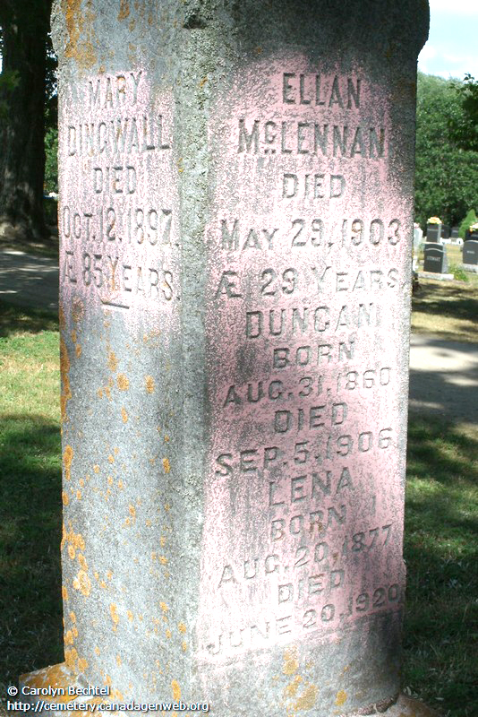 Photo of headstones/Ellan McLennan d1903 hdstn Kincardine cem Bruce co ON